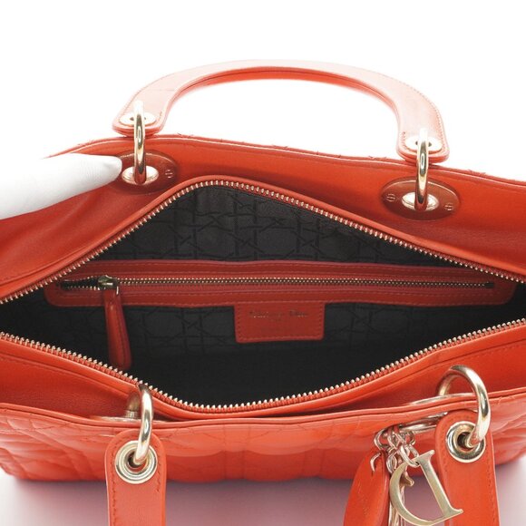 Pre-owned Dior Orange Cannage Lamb Lady Dior 2-Way Bag Large - Picture 4 of 6
